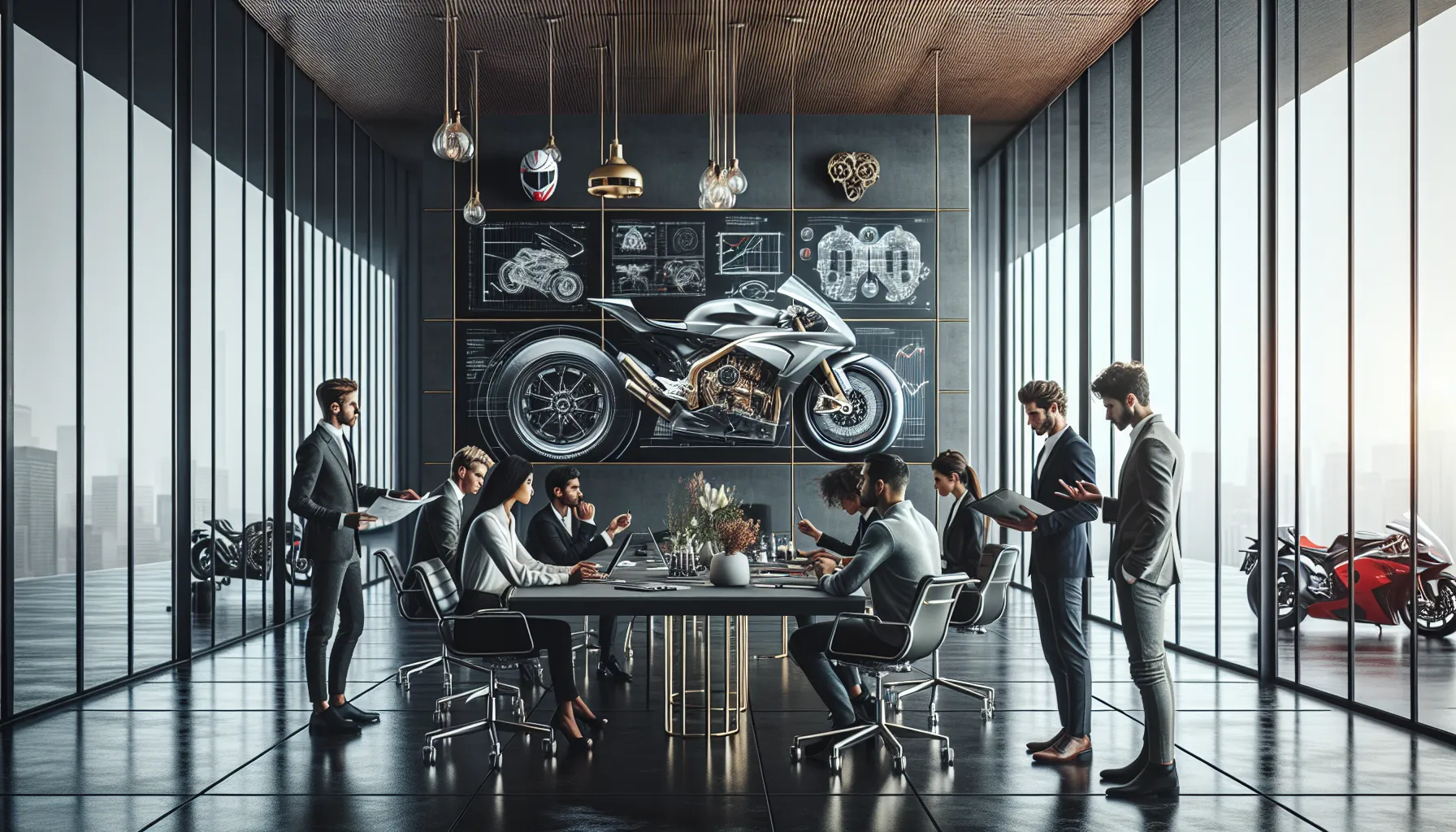 diverse team collaborating on motorcycle designs in a modern office.