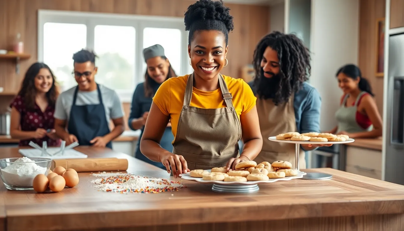 diverse bakers joyfully making cookies in a warm kitchen.