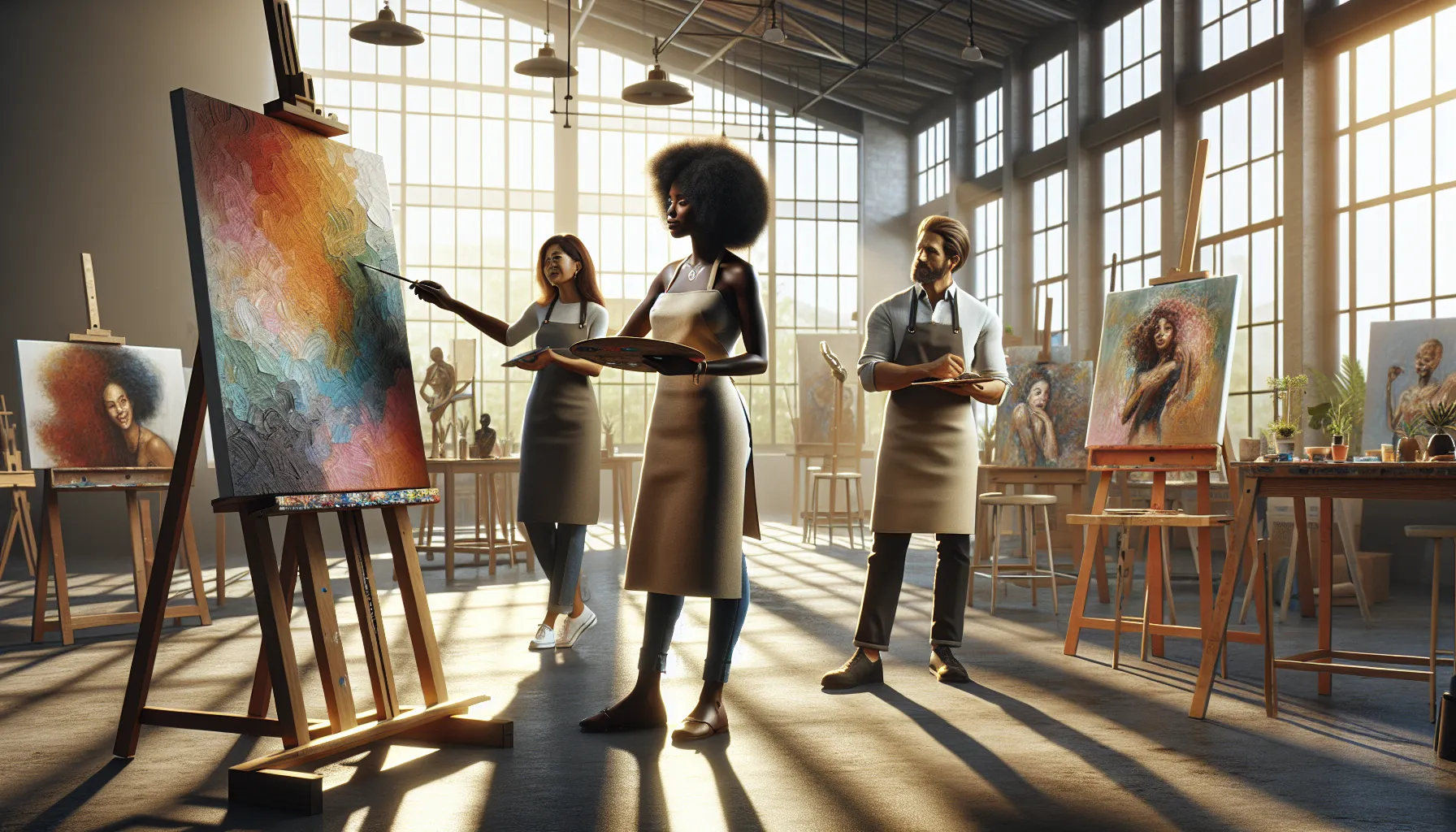 diverse artists discussing light and shadow in a modern art studio.