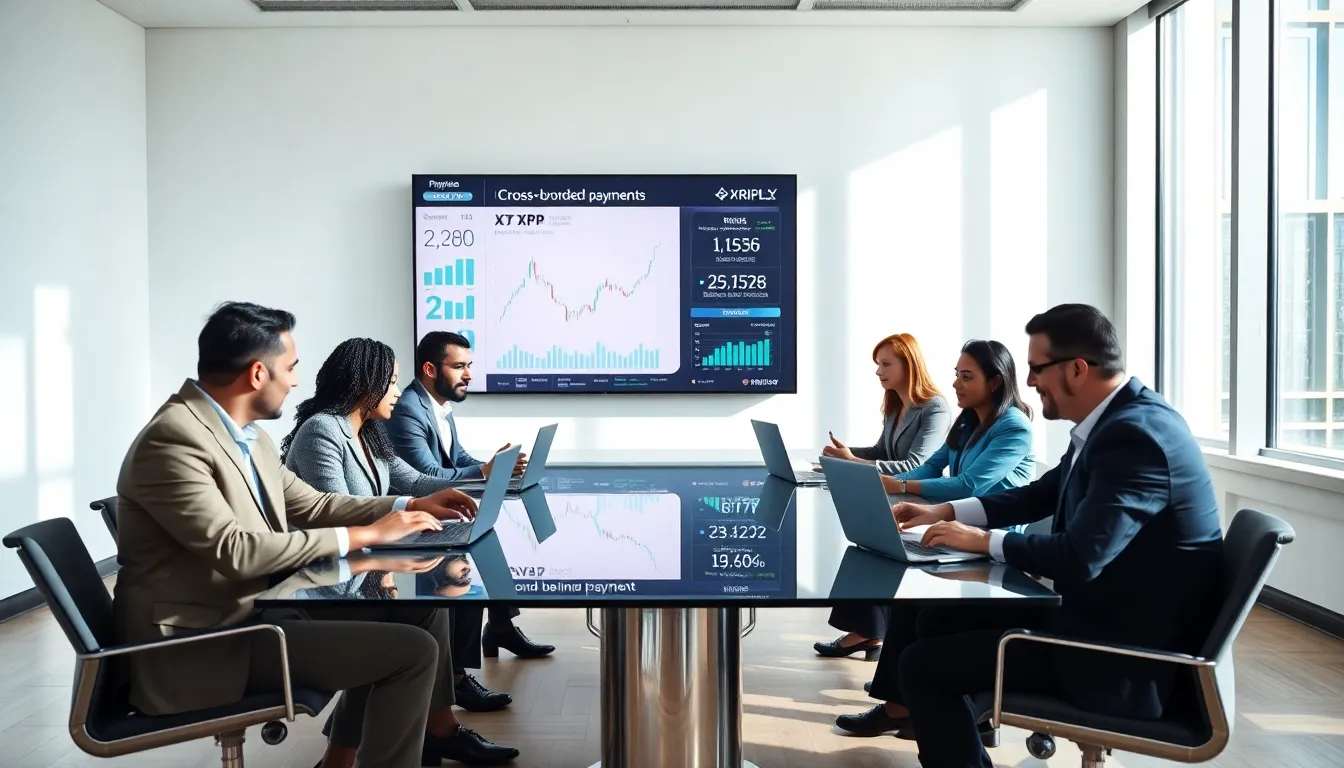 diverse financial team discussing Ripple and XRP in a modern office.