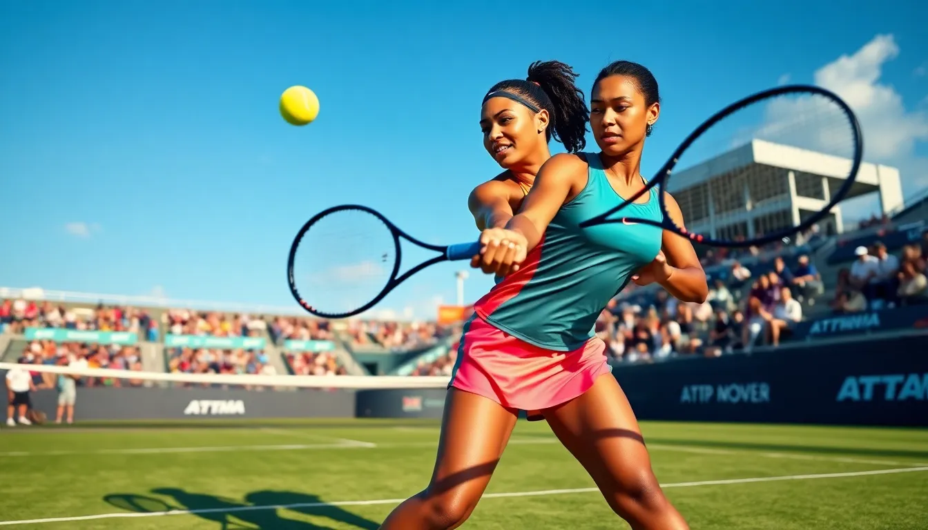 A female tennis player hitting a forehand on a lively court with spectators.