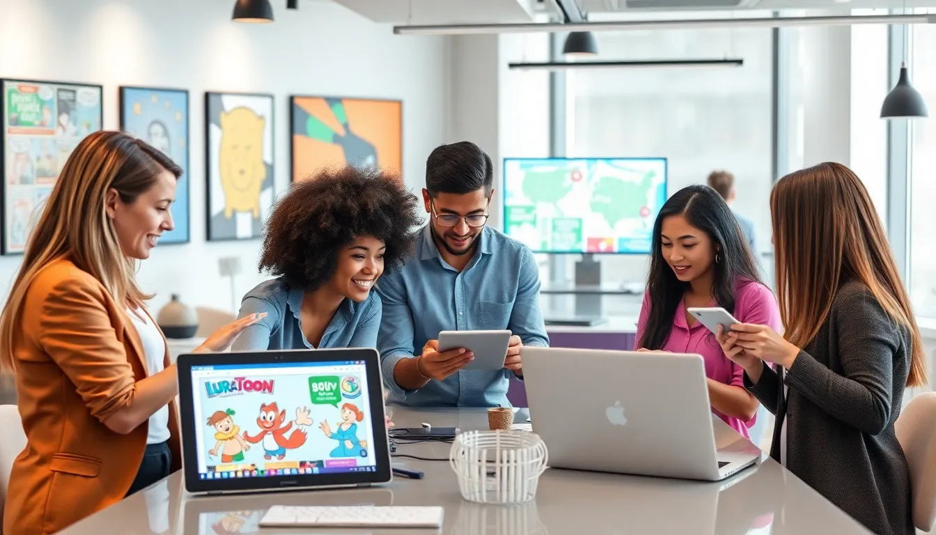 diverse team collaborating on digital art in a modern office.