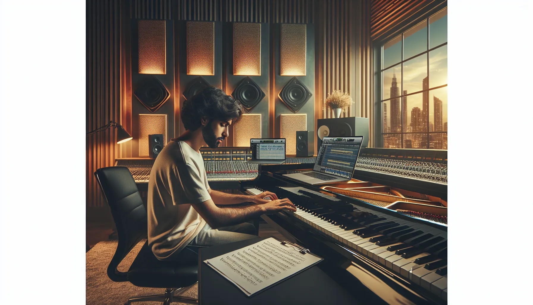 Musician composing music in a modern recording studio.