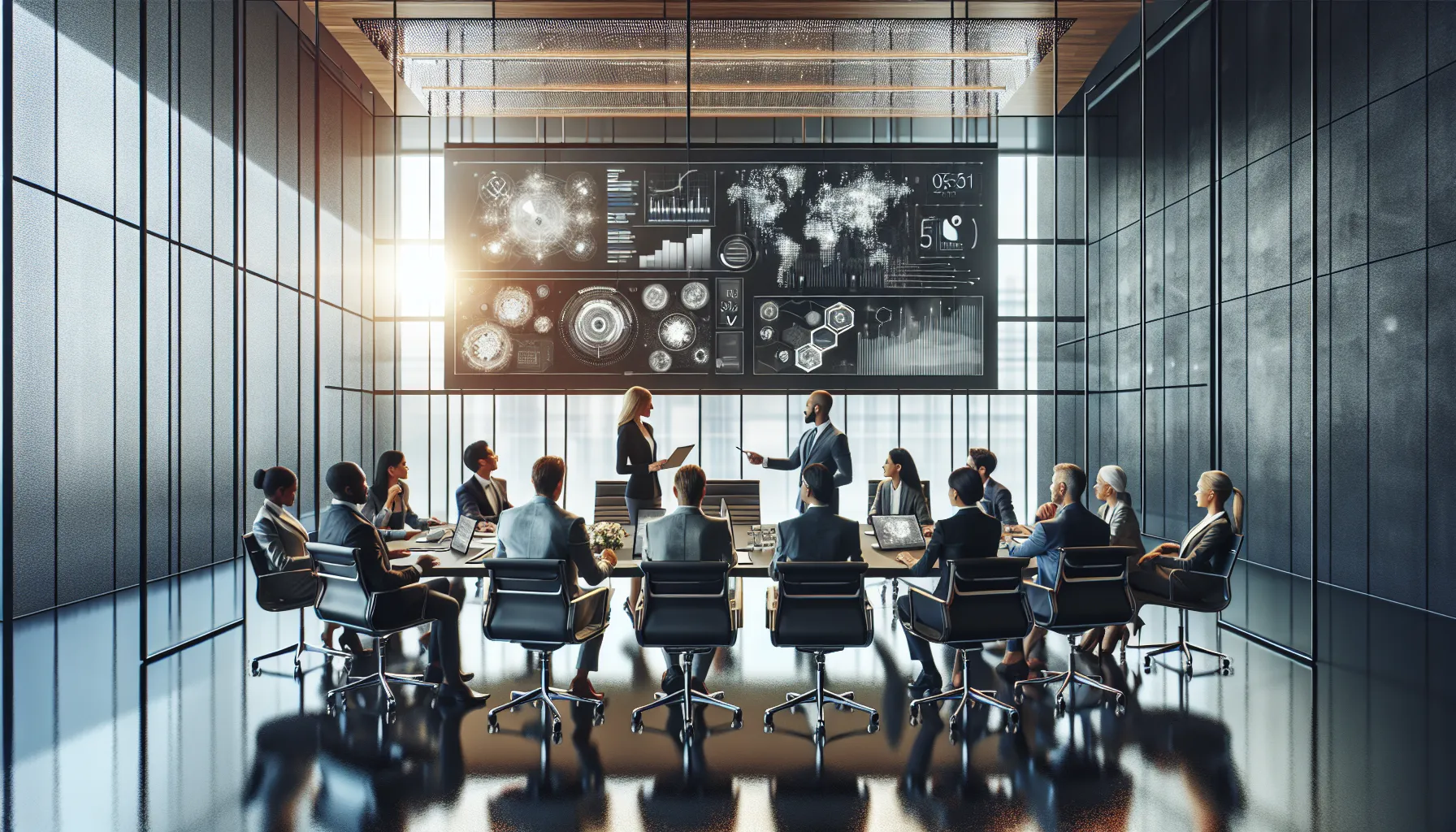 diverse team collaborating in a modern conference room.