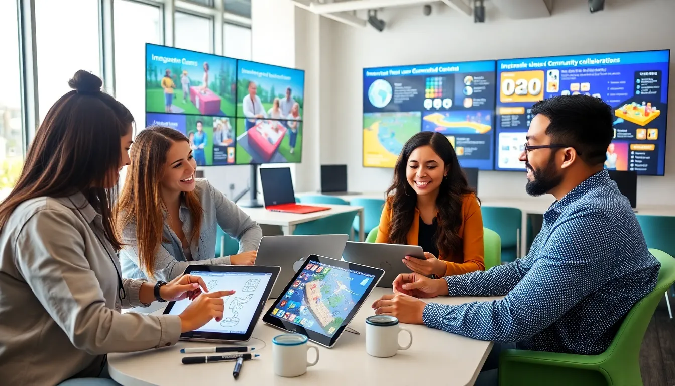 diverse team collaborating on game design in a modern office.