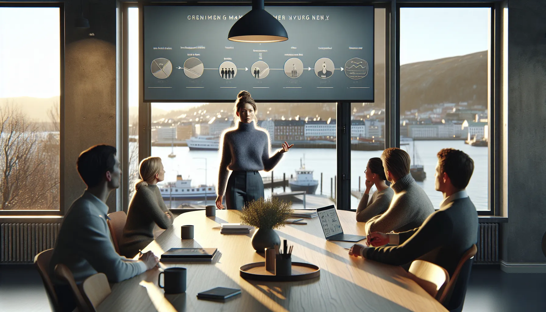 Norwegian marketers discuss a customer journey story on a screen in a modern office.