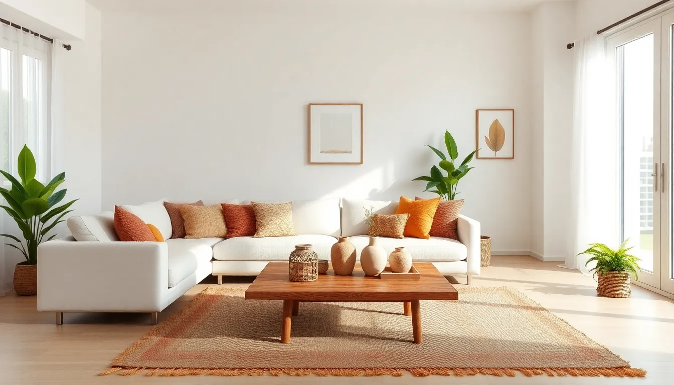 a cozy, light-filled minimalist boho living room with plants and decor.