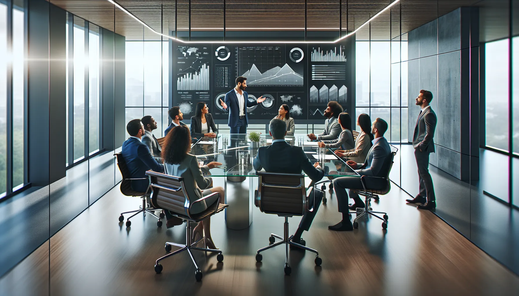 diverse team discussing future strategies in a modern office.