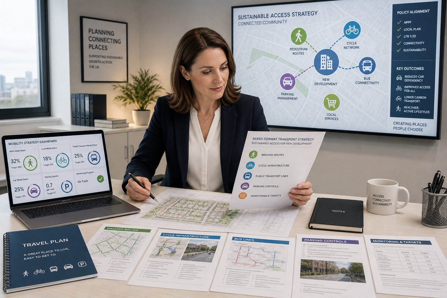Travel consultant reviewing sustainable transport plans for a UK development site.