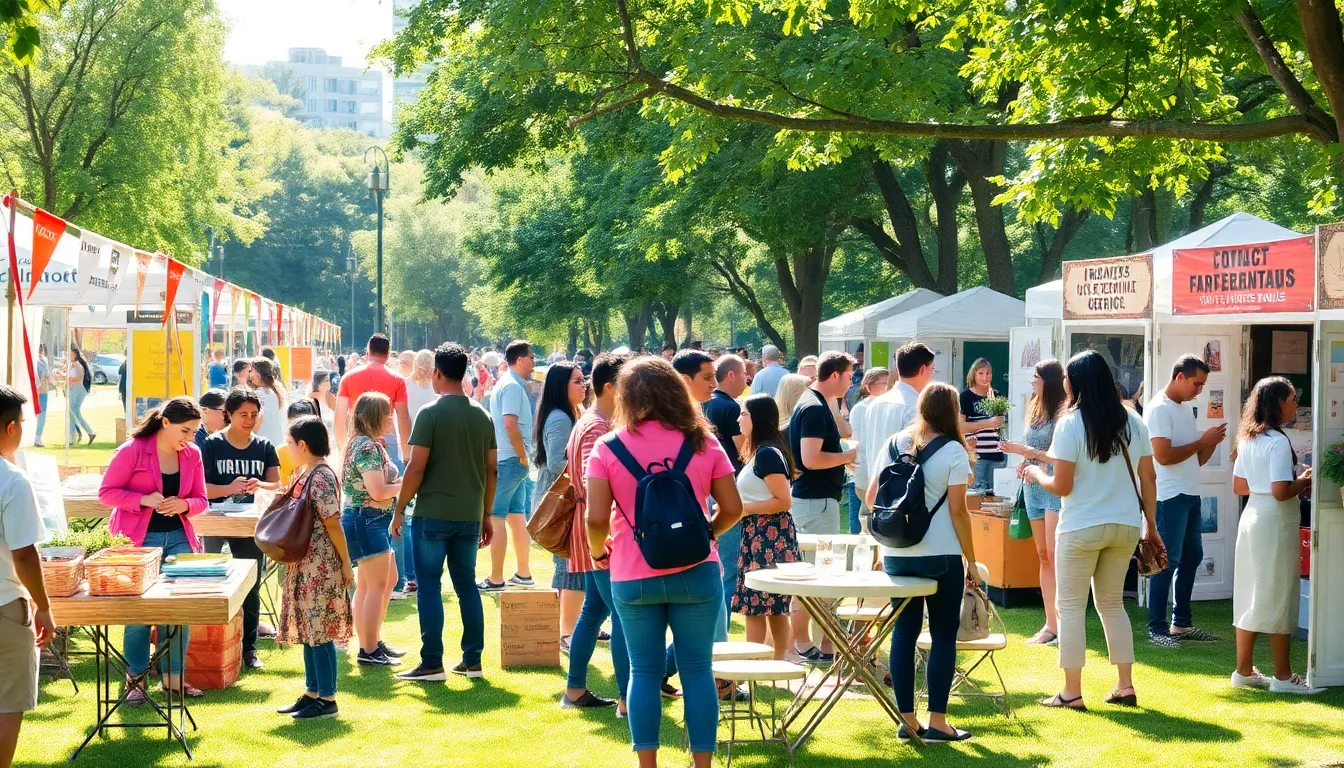 people enjoying an outdoor community event in a sunny park.