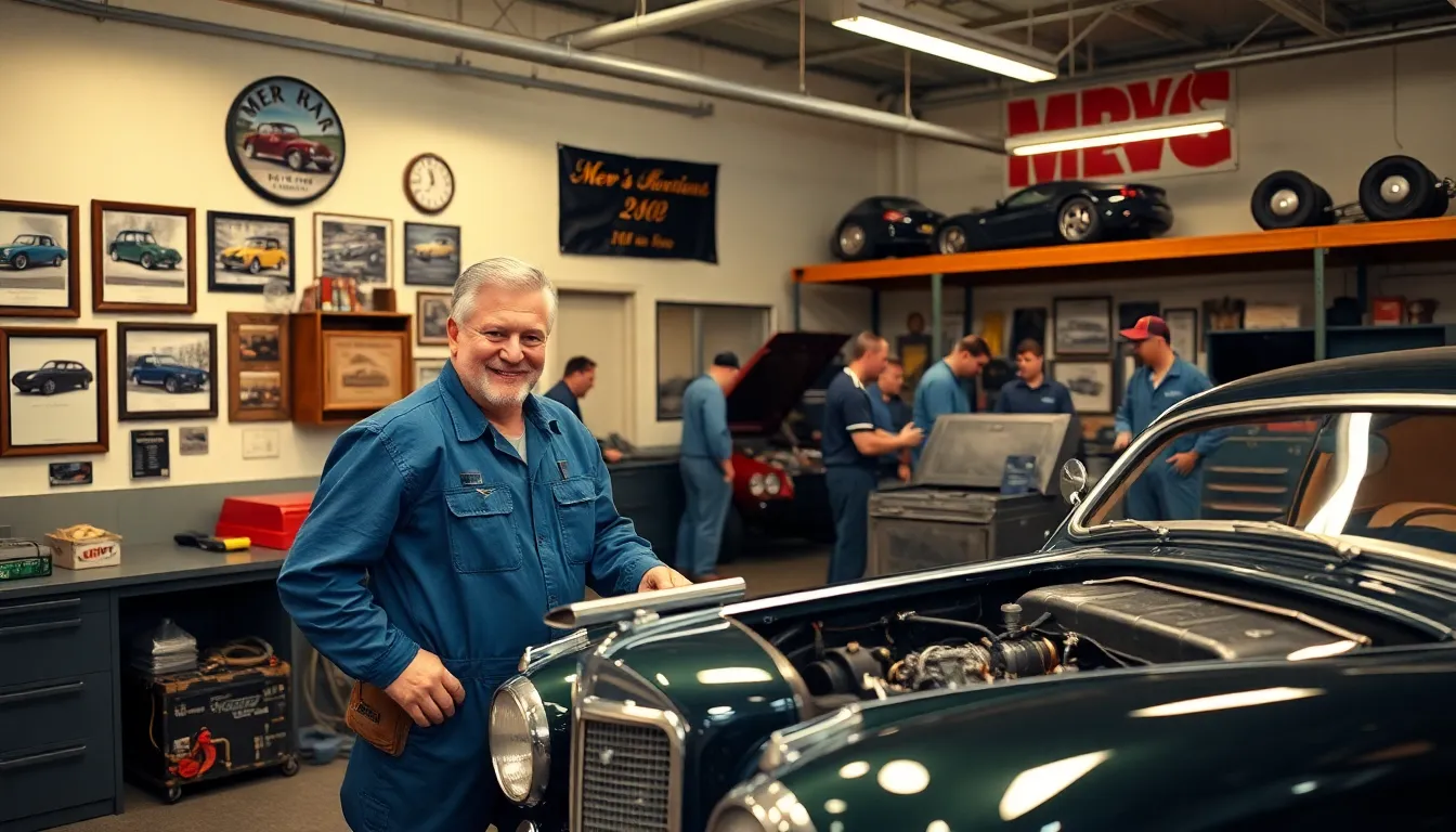 mechanic inspecting a vintage car in a welcoming auto repair shop.