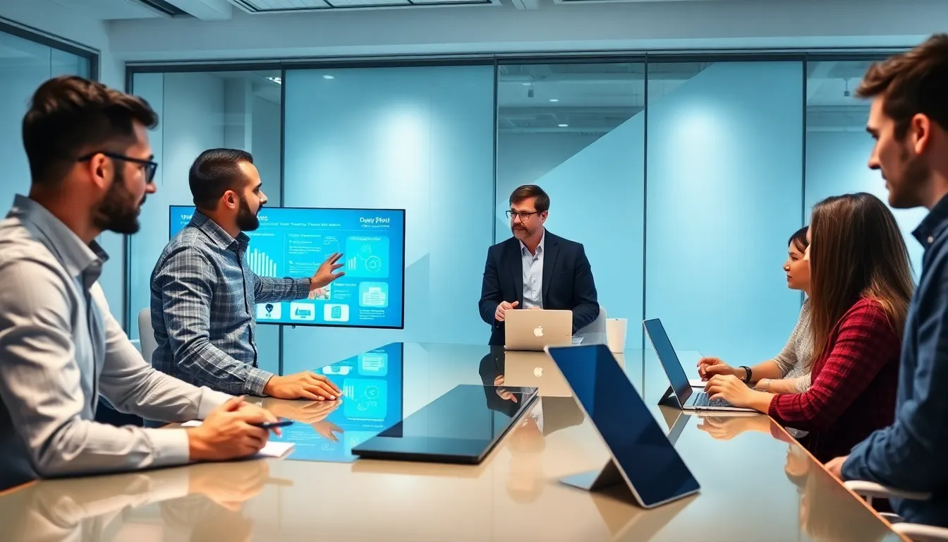 diverse team discussing educational technology in a modern office.