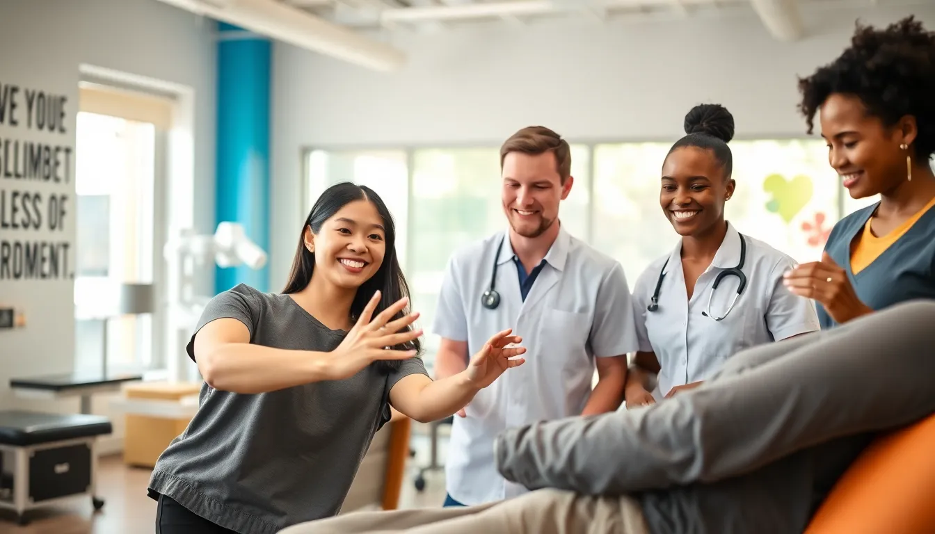 COTAs assisting a patient in a modern rehabilitation center.