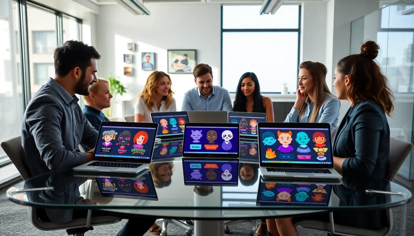 diverse team collaborating on Better Twitch TV emotes in a modern office.