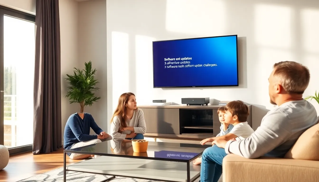 Family looking at a Samsung TV displaying a software update notification.