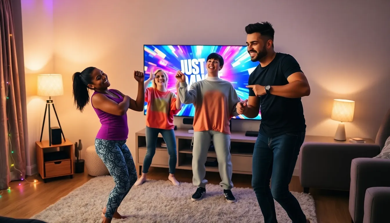 Friends dancing together in a lively living room while playing Just Dance 2022.