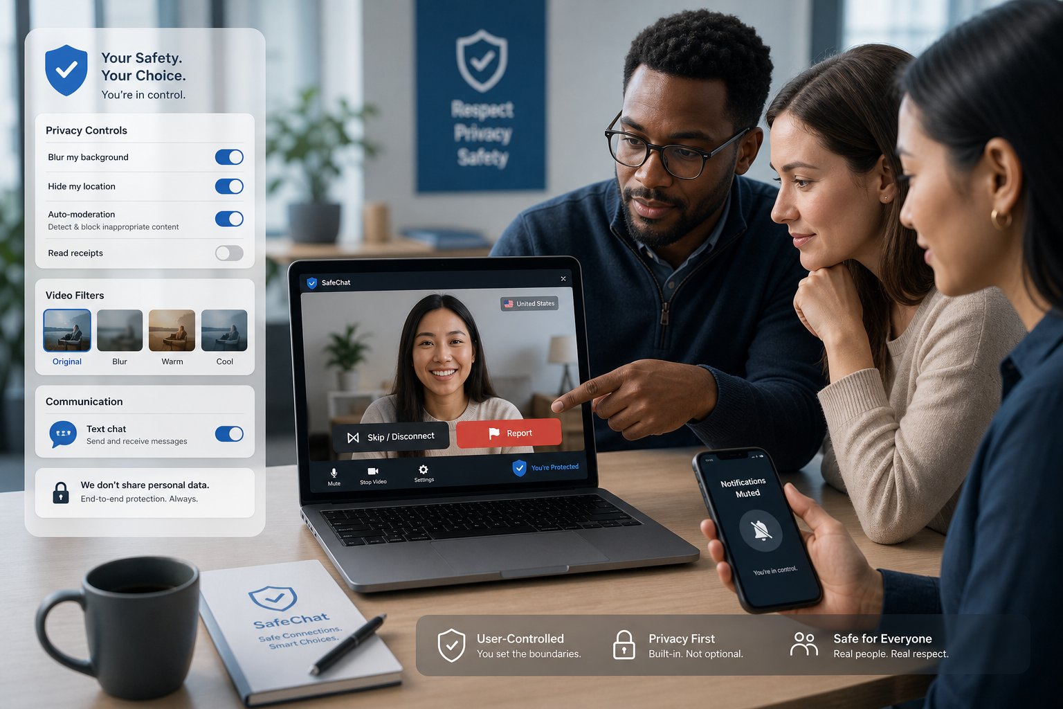 Professionals viewing a video chat screen with clear report and skip controls.