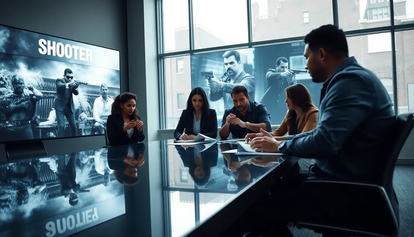 professional team discussing the Shooter TV series in a modern setting.