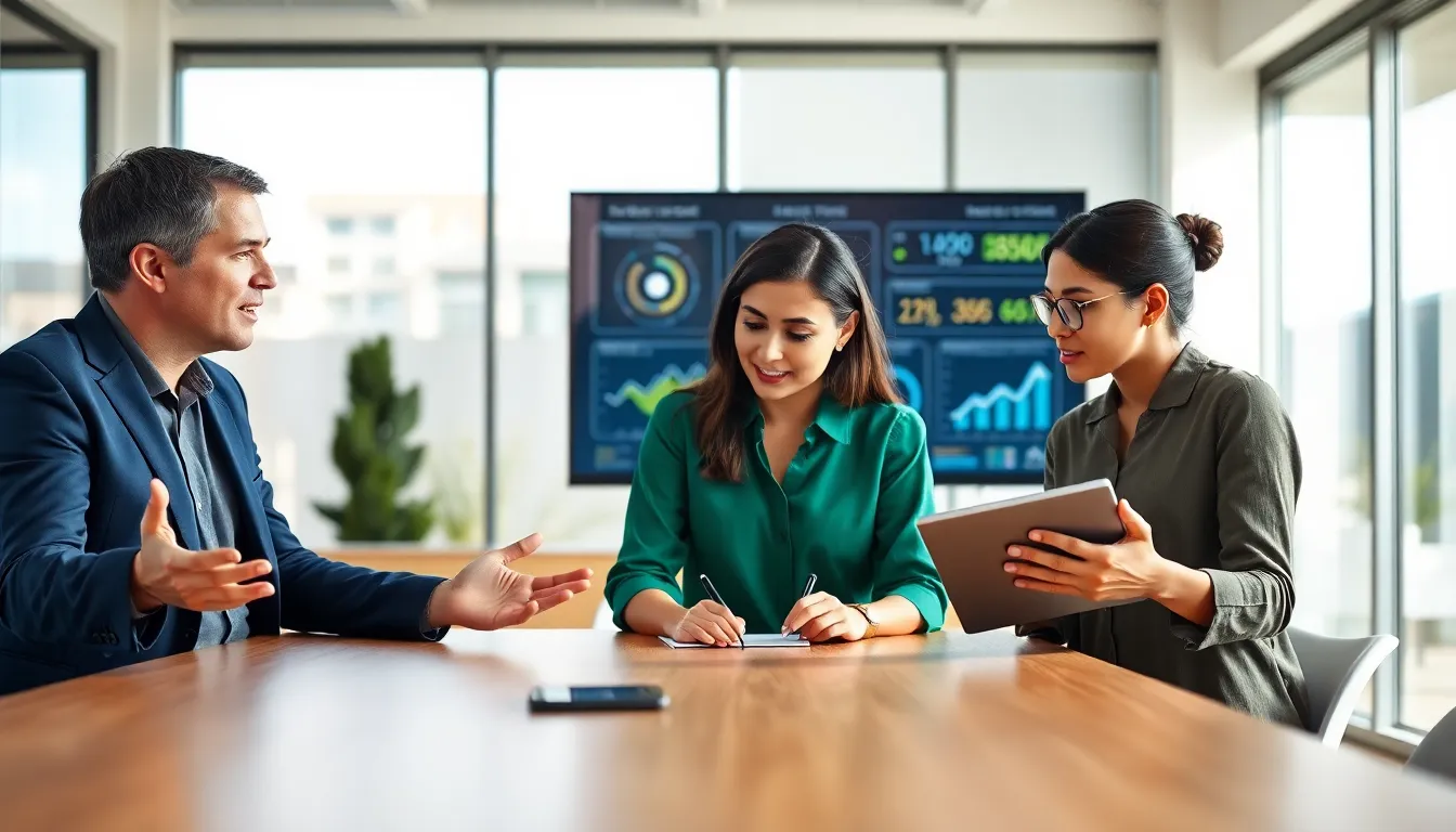 three professionals discussing energy solutions in a modern office.