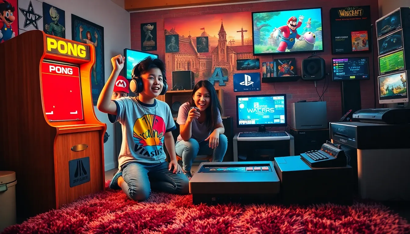 a collage showcasing the evolution of gaming from the 1970s to today.