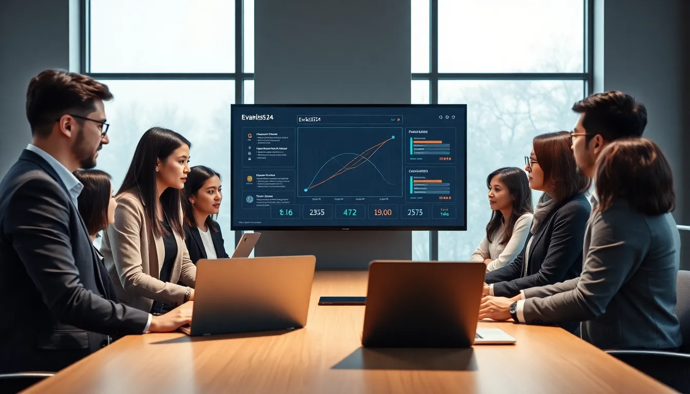 professionals collaborating around a digital dashboard in a modern office.