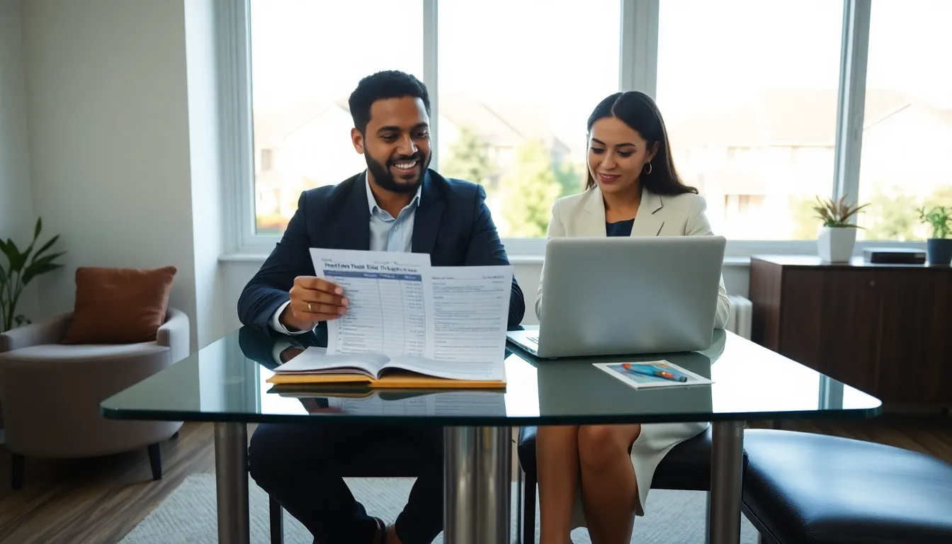 diverse couple reviewing rental needs in a modern office.