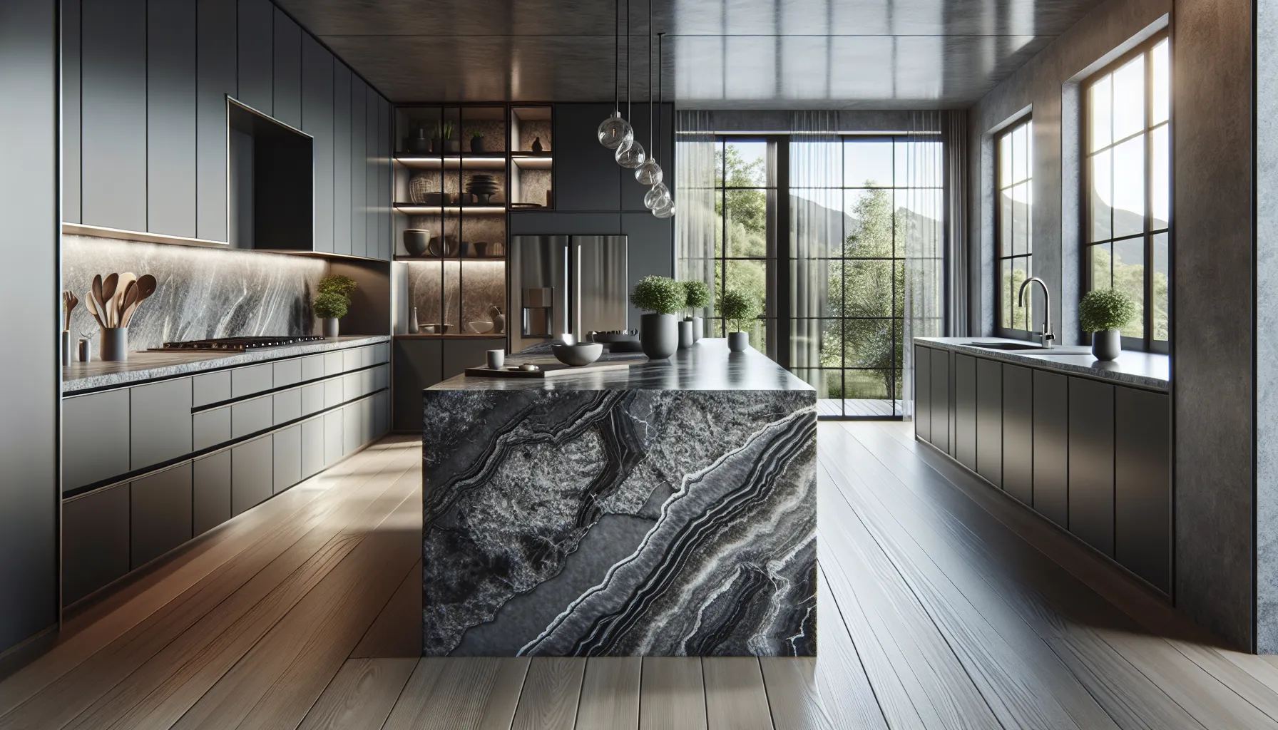 A stylish kitchen with a granite countertop and modern appliances.