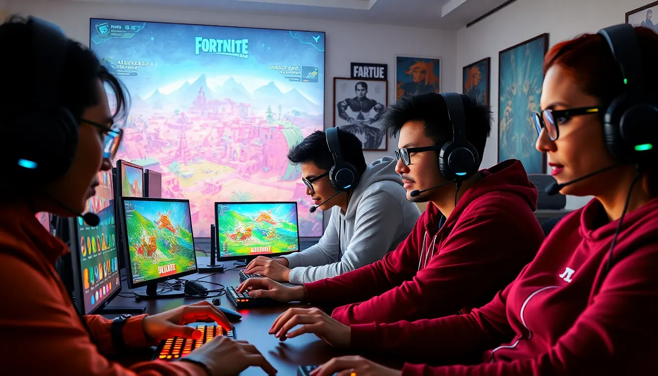 diverse gamers collaborating in a modern gaming office.