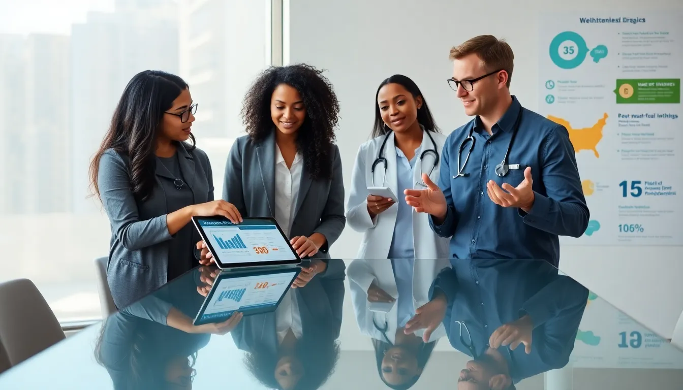 diverse healthcare professionals discussing Mounjaro in a modern office.