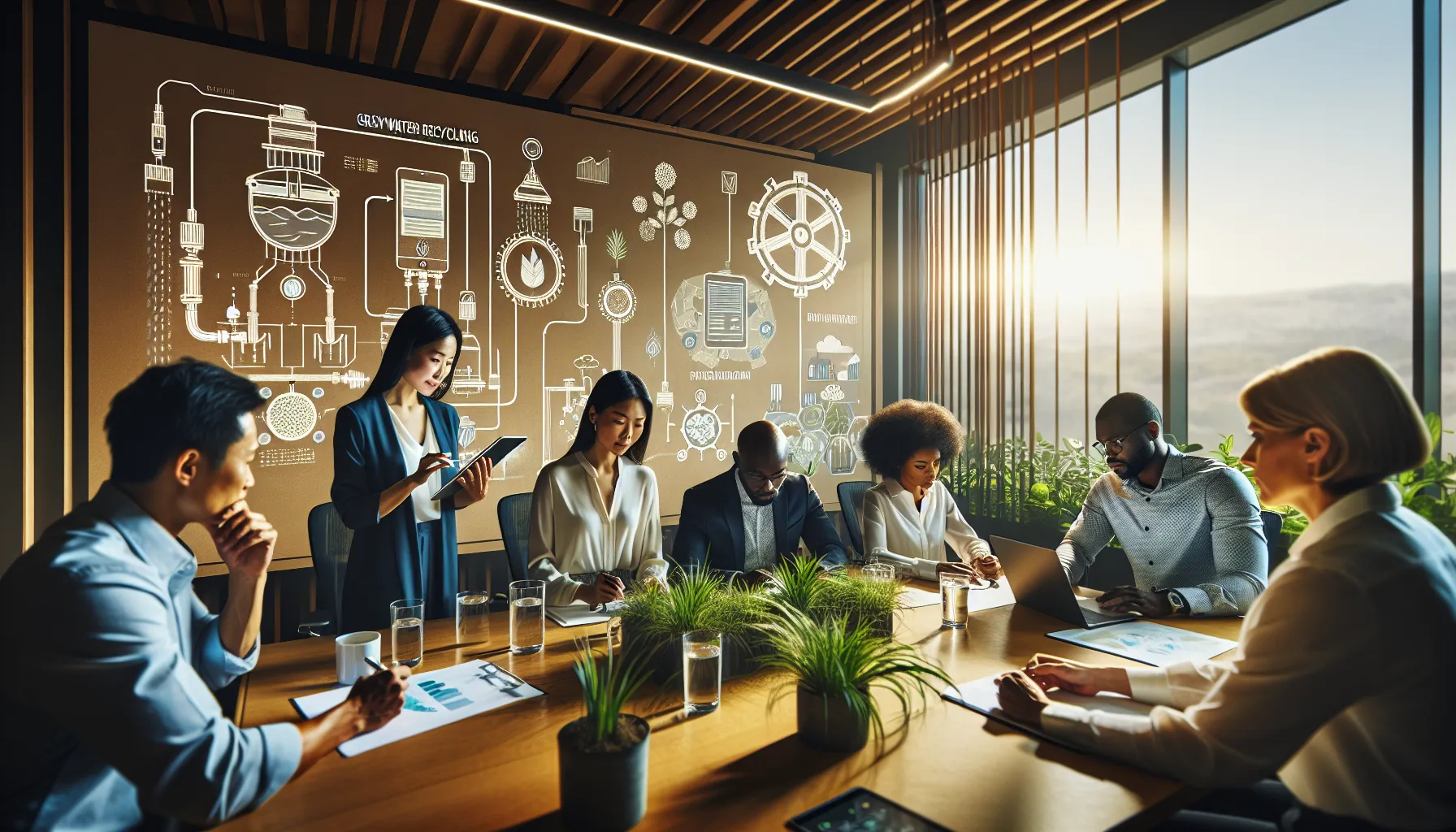 diverse team discussing innovative water conservation technologies in a modern office.