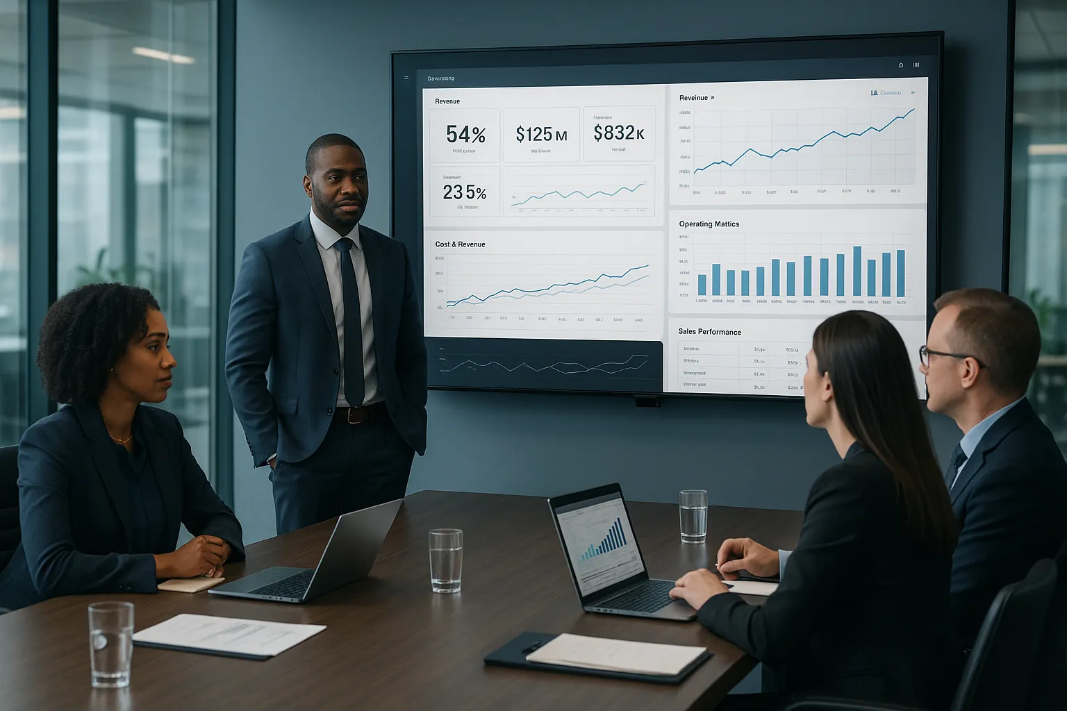 Professionals reviewing business dashboards in a modern office.