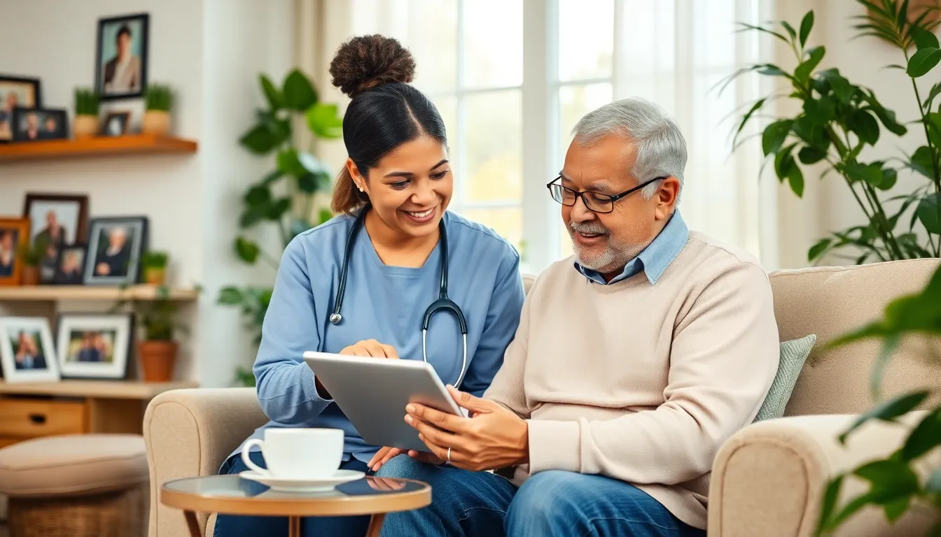 caregiver assisting an elderly man in a cozy home setting.