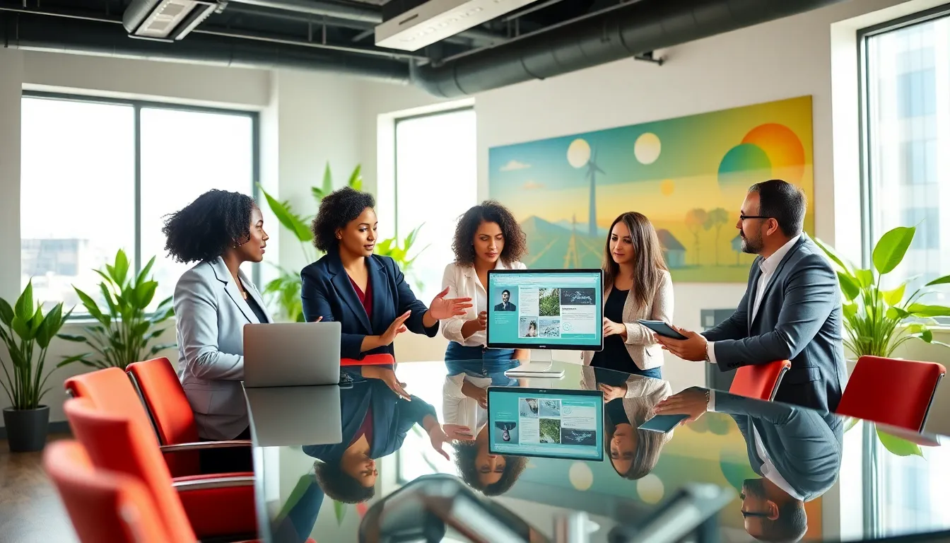 diverse team discussing energy solutions in a bright office.