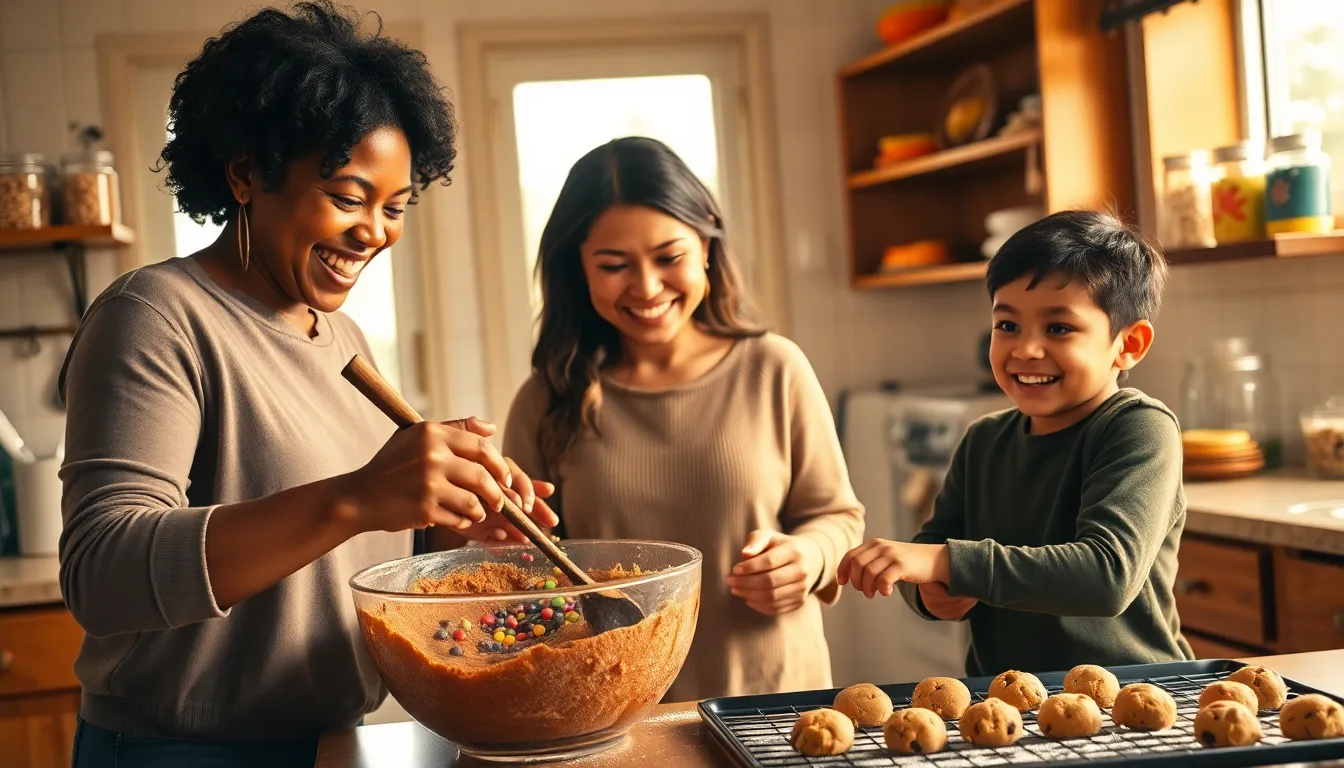 three people joyfully baking cookies in a cozy kitchen.