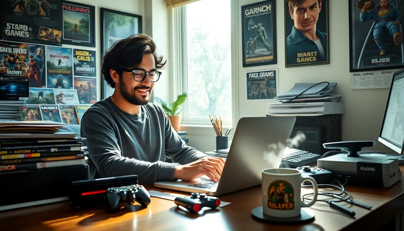Larry Nando writing in his cozy home office surrounded by gaming memorabilia.
