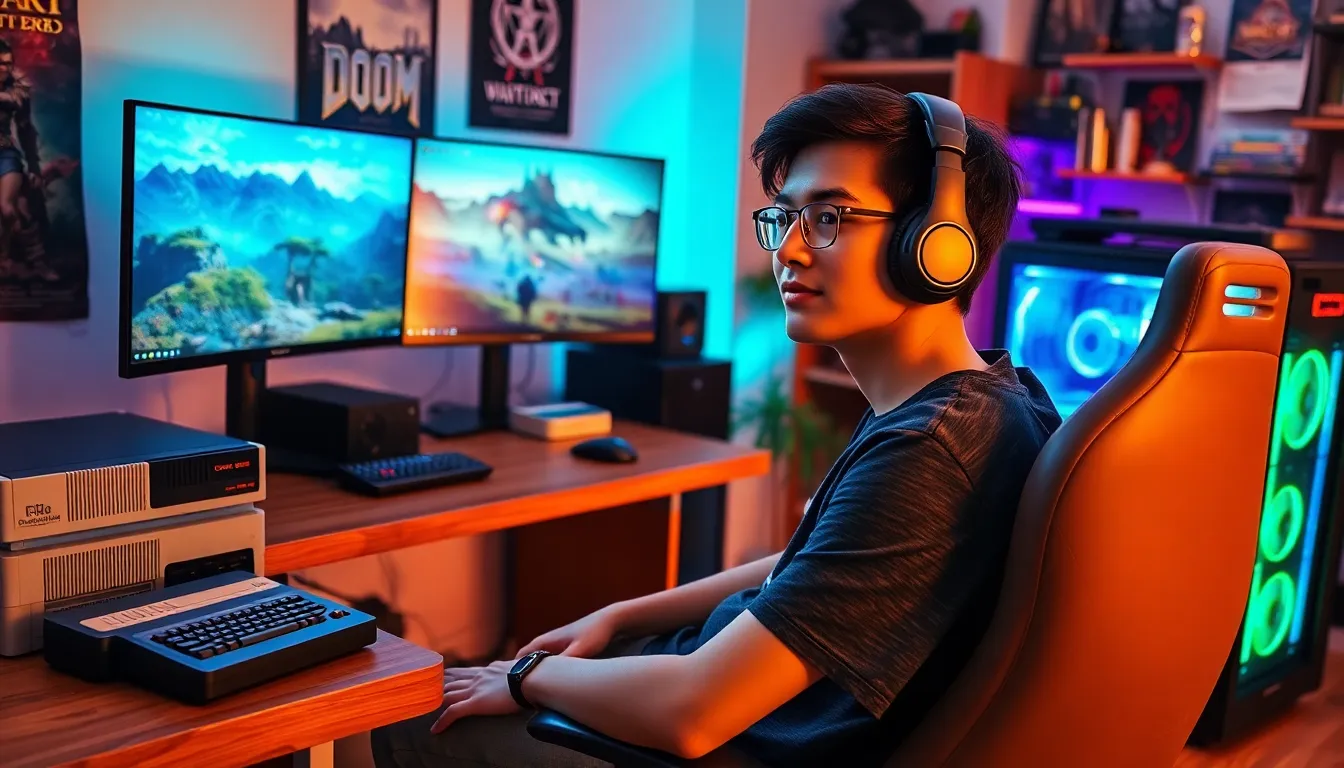 a gamer in a modern gaming setup with vintage PC games.