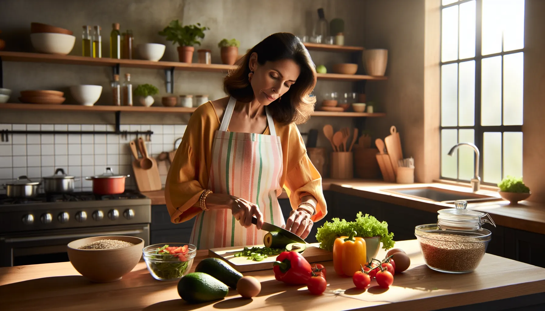 a woman chopping vegetables in a bright kitchen promoting healthy eating.