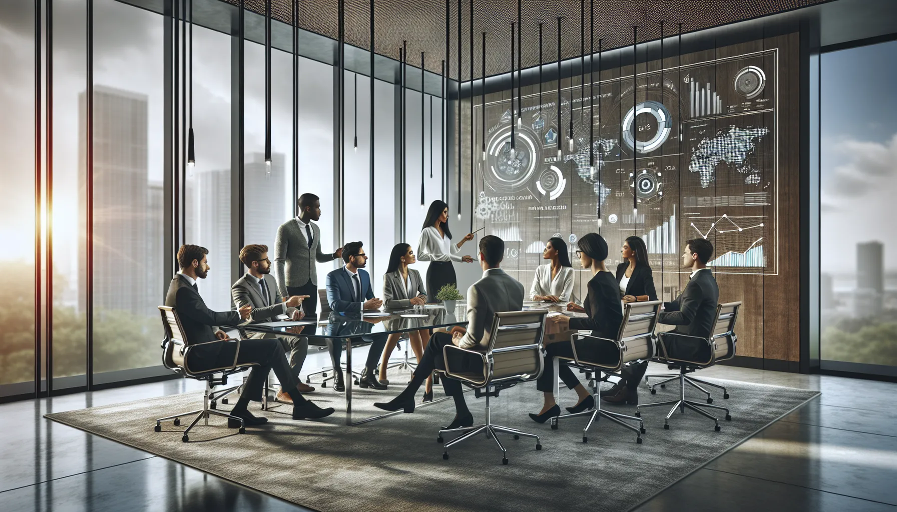 diverse professionals discussing future trends in a modern conference room.