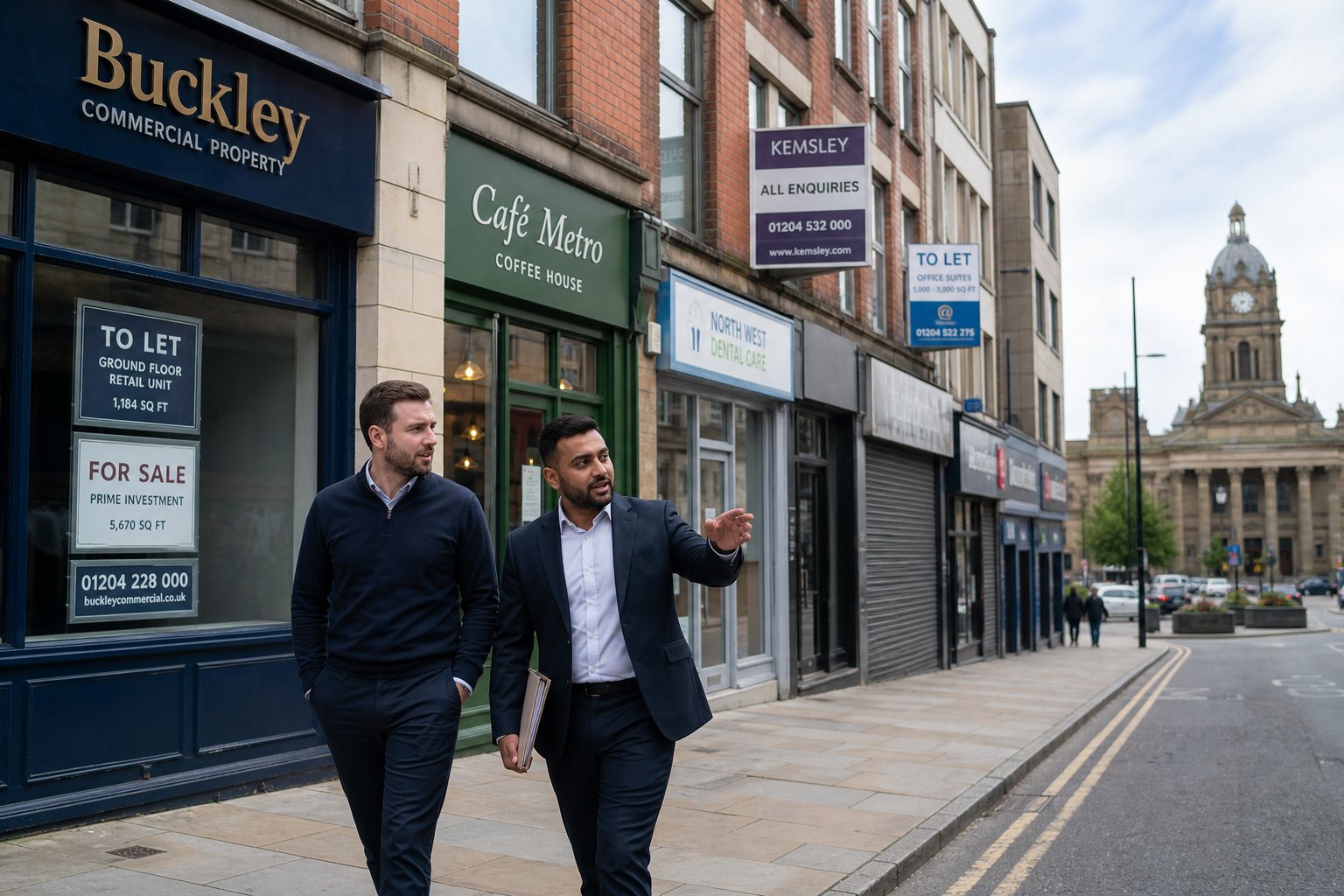 Client and adviser walking past mixed-use commercial buildings in Bolton while discussing mortgage options.