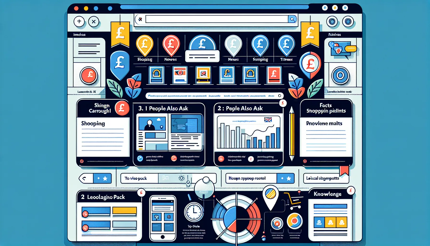 Illustrated UK-focused SERP layout showing key features and rich results.