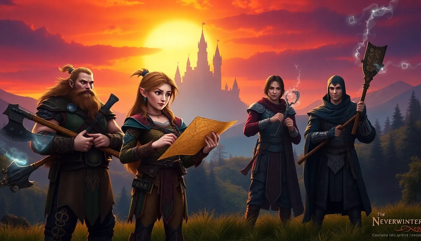 A group of adventurers preparing for a quest in the world of Neverwinter.