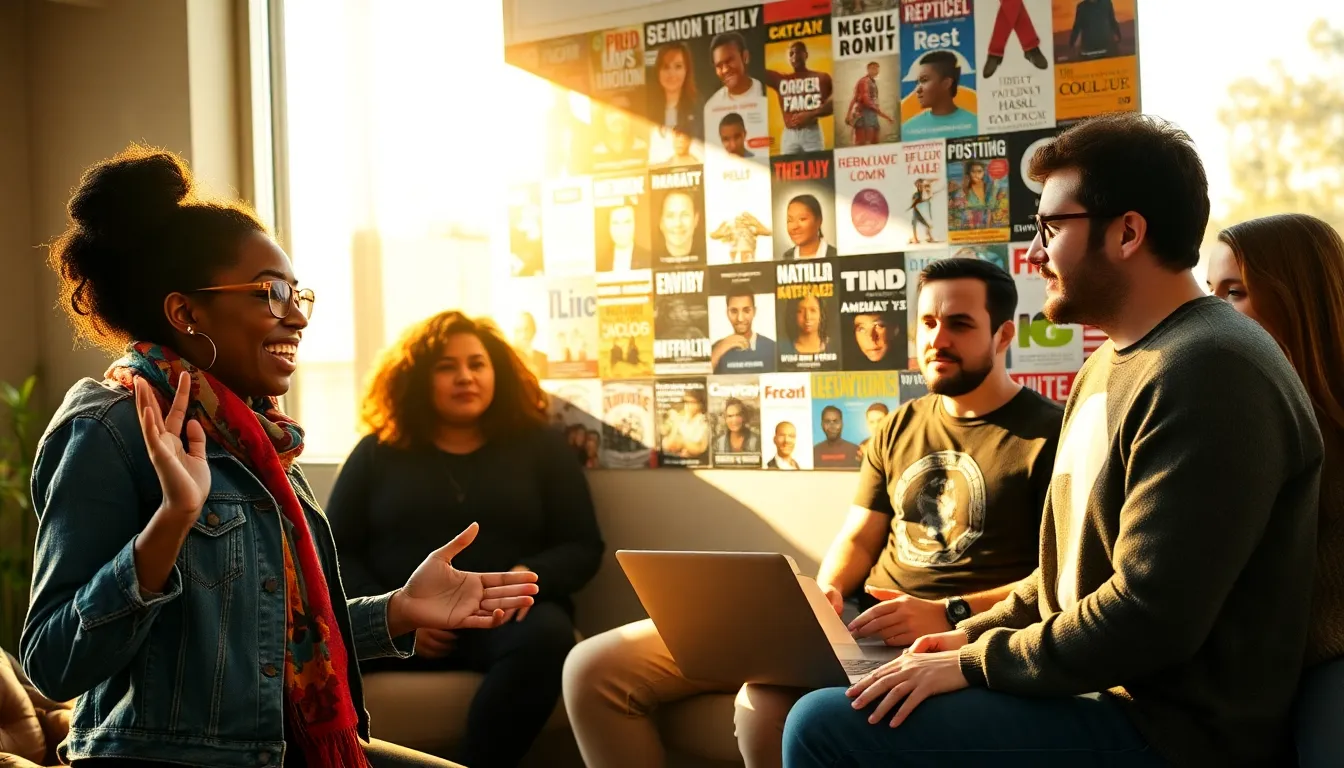 A diverse group brainstorming ideas for the #RedWebzine in a bright workspace.