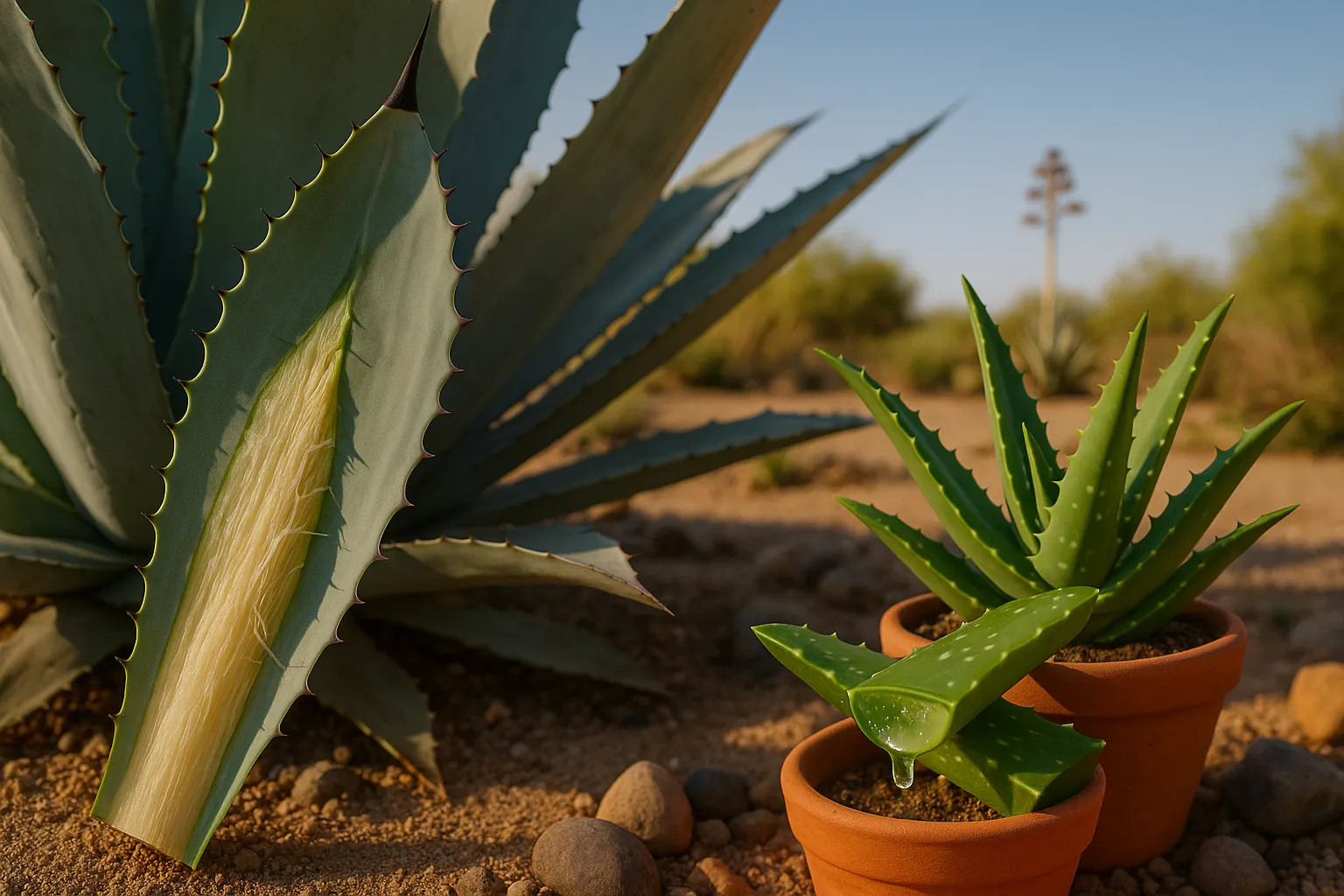 Agave rosette and potted aloe with cut leaves showing fibrous vs gel interiors.