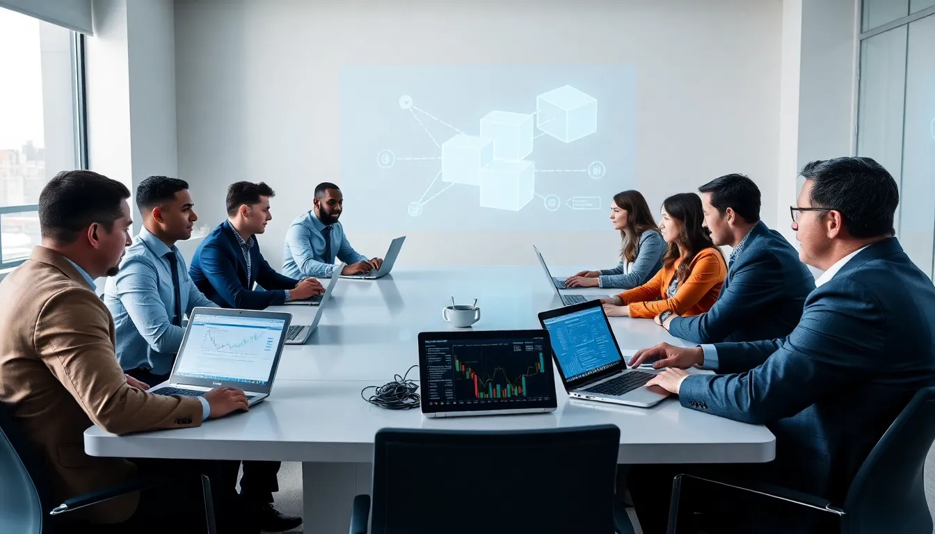 diverse team discussing blockchain technology in a modern office.