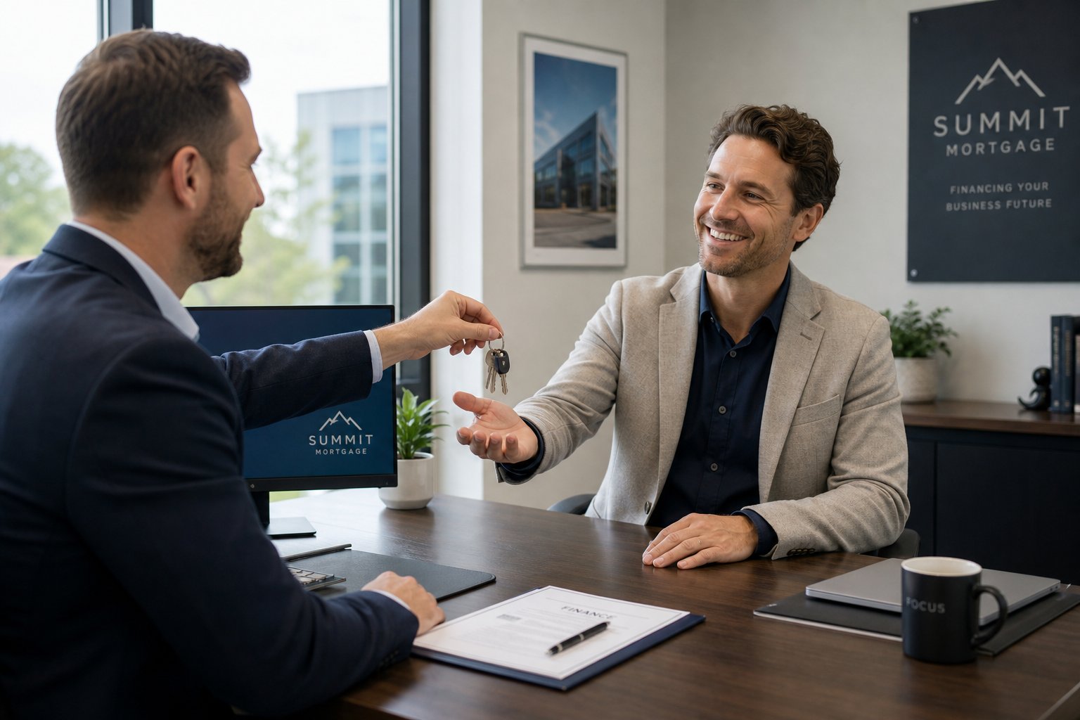 Commercial mortgage advisor handing keys to a business owner across a desk in a bright office.