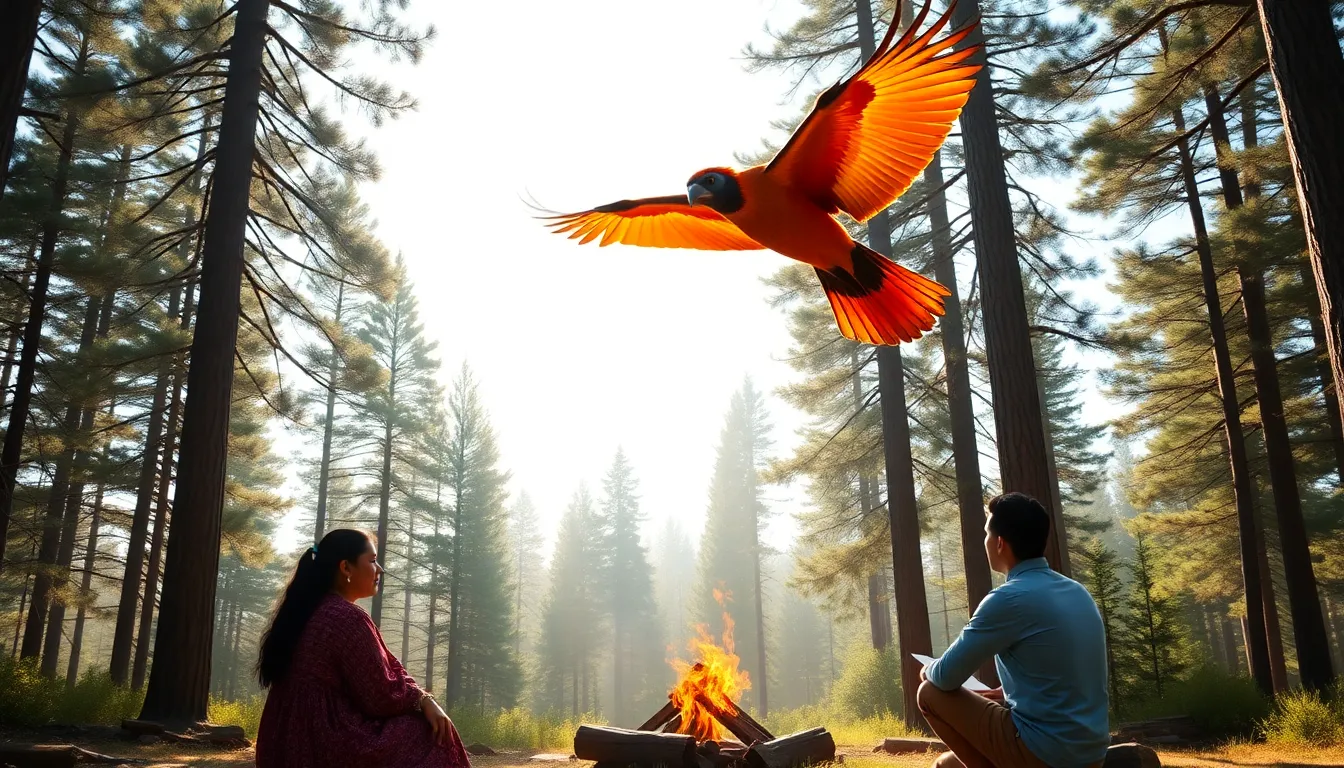 vibrant bird soaring above a diverse group storytelling by a bonfire.