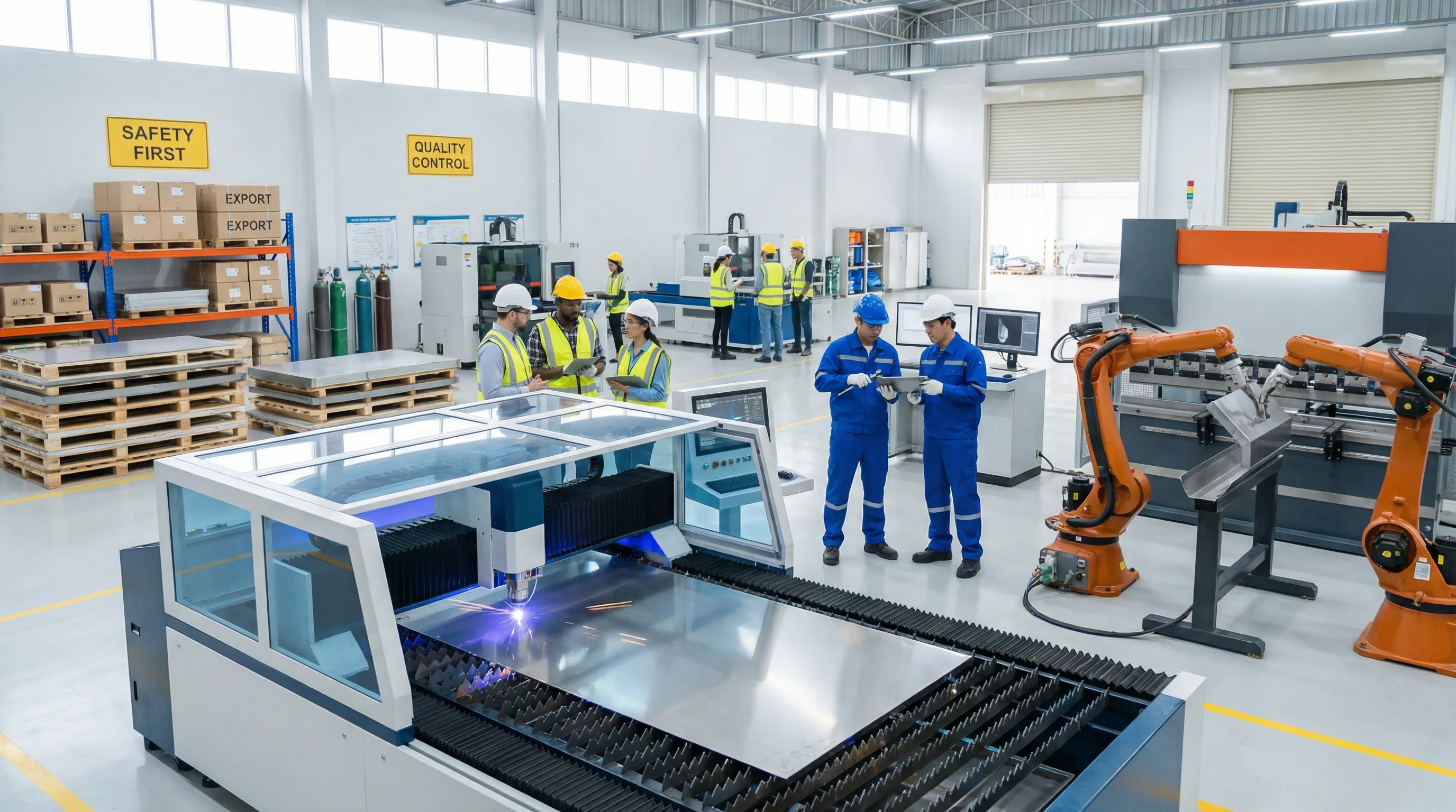 technicians and robots working with advanced sheet metal equipment in a modern factory