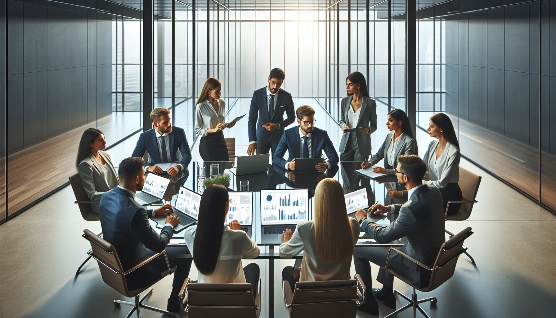 diverse professionals discussing data management in a modern office.