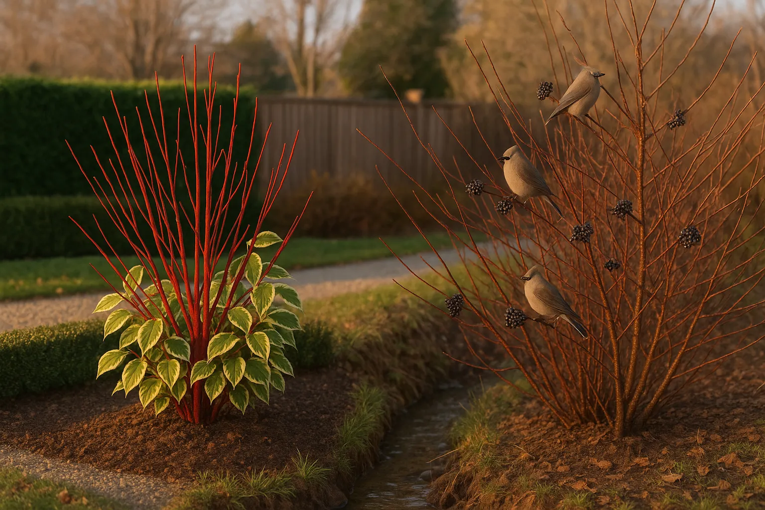 Two dogwood shrubs: red-stemmed alba and berry-laden sanguinea with birds.