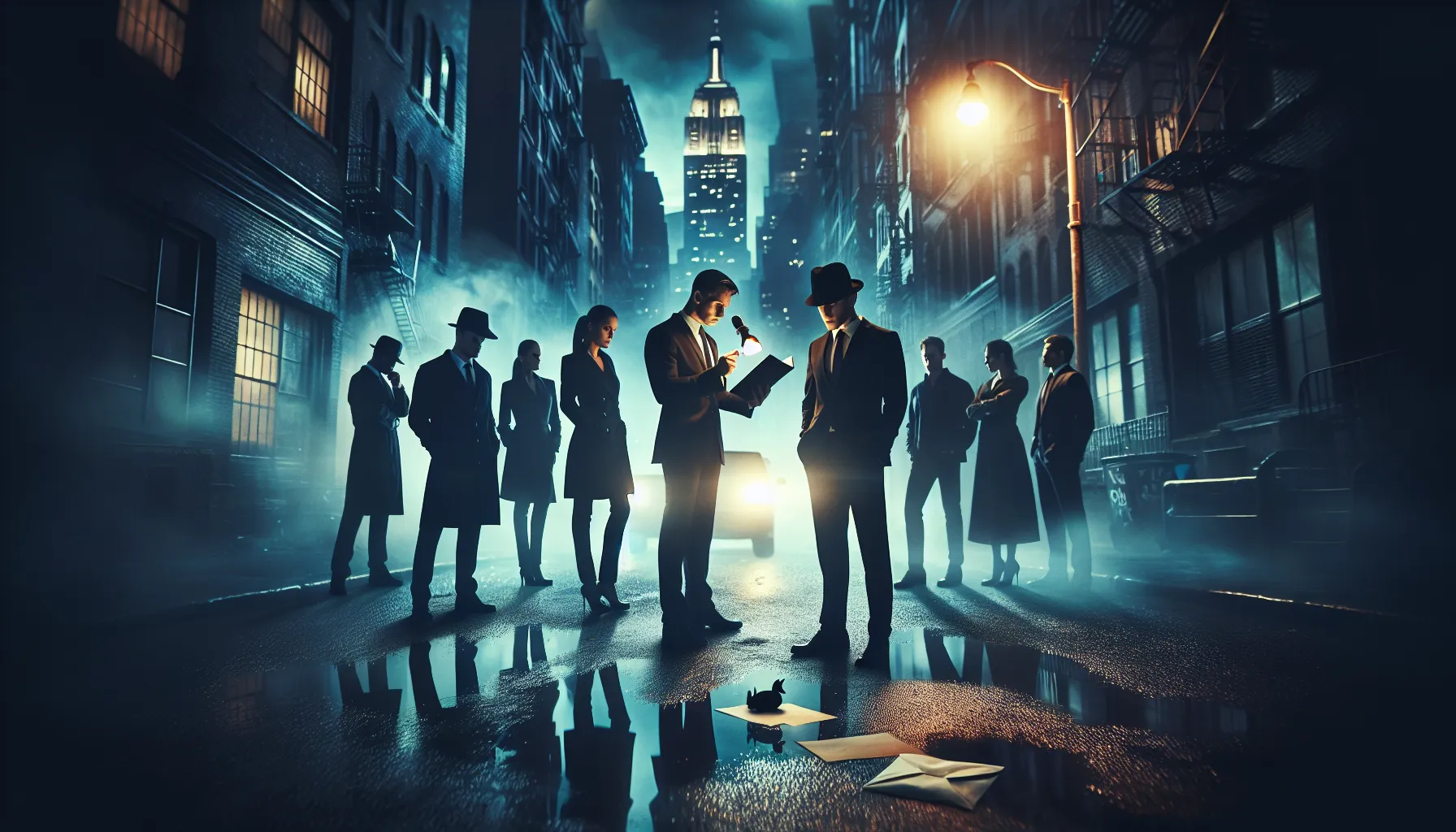 intriguing investigators in a dark urban alley analyzing clues.